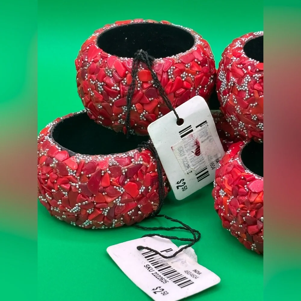 NWT Pier 1 Imports Red Mosaic Coral Rocks Napkin Rings Set Of 8